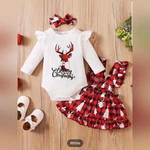 3pcs Long-sleeved Onesie Suspender Skirt & Headband Set Christmas Deer Print